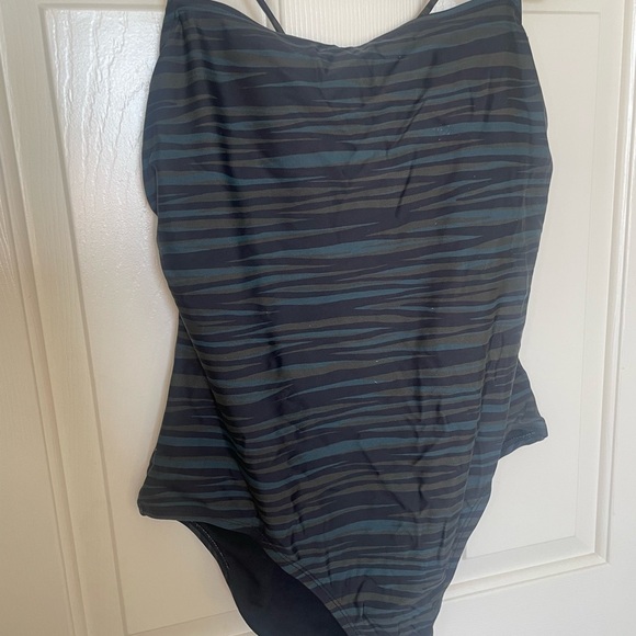 Kona Sol straight neck cinched back blue, green and black pattern one piece | L - Picture 4 of 10